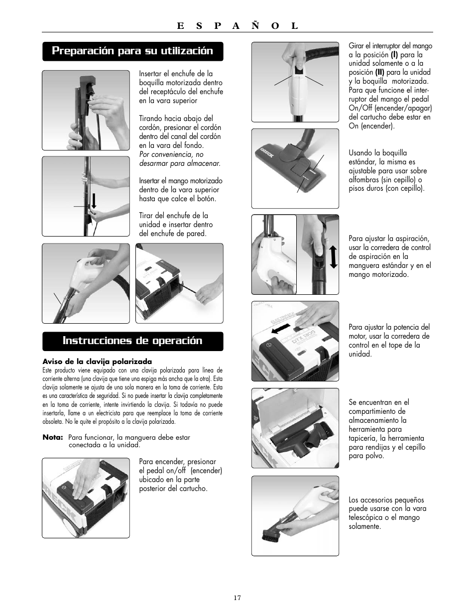 Reparación para su utilización, Nstrucciones de operación | Oreck DUTCHTECH DTX 1300 User Manual | Page 17 / 19
