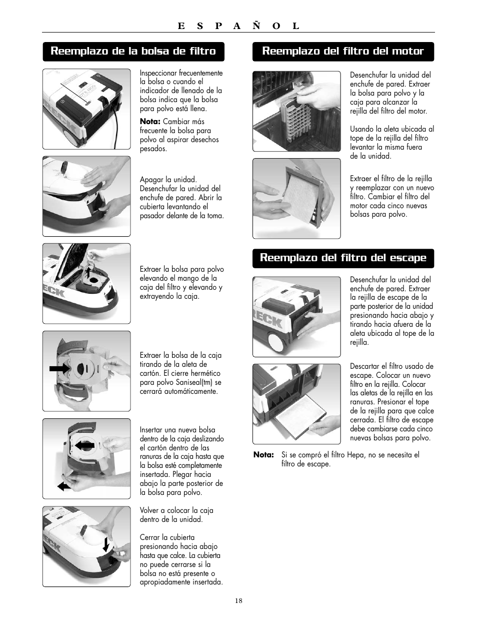 Eemplazo del filtro del motor, Eemplazo del filtro del escape, Eemplazo de la bolsa de filtro | Oreck DUTCHTECH DTX 1300 User Manual | Page 18 / 19