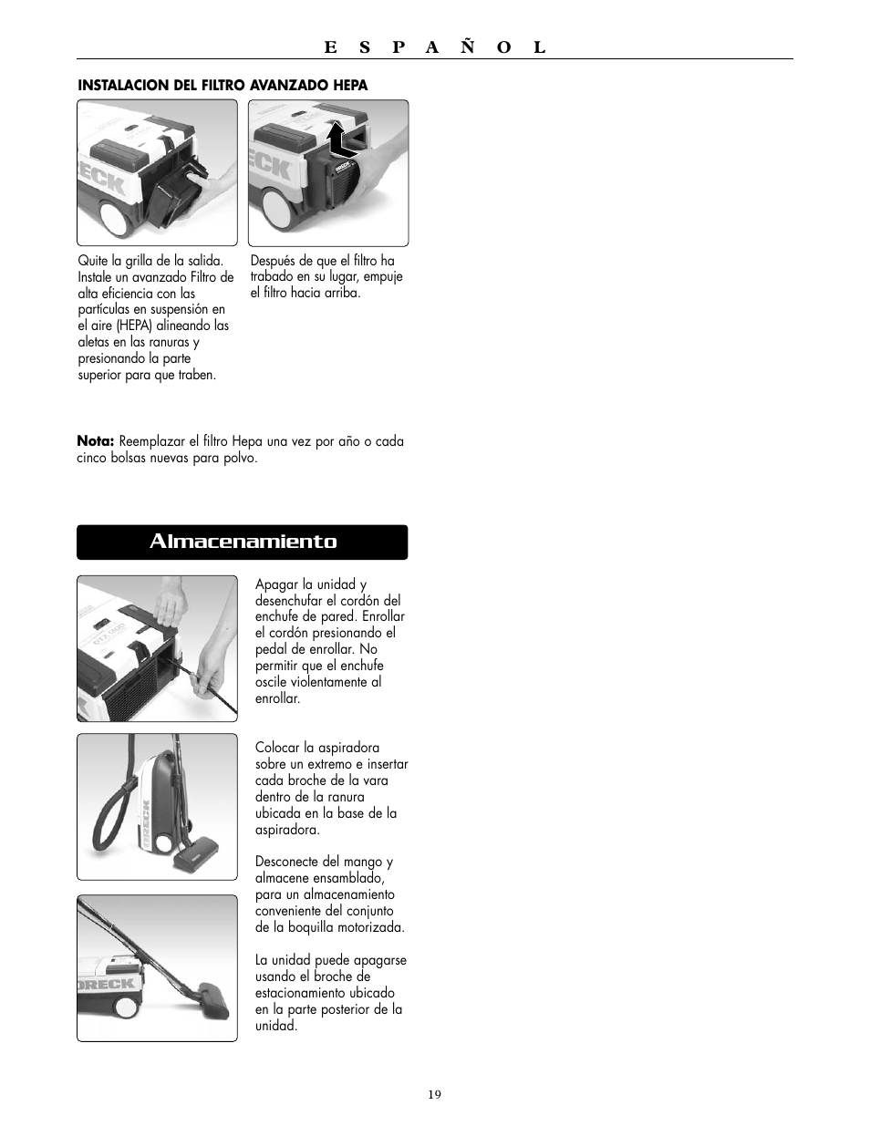 Lmacenamiento | Oreck DUTCHTECH DTX 1300 User Manual | Page 19 / 19