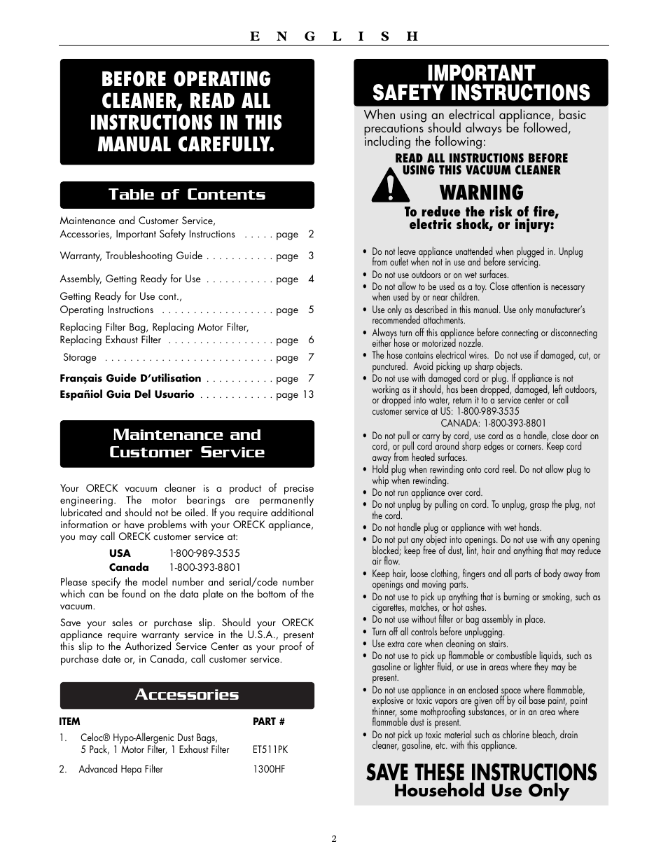 Save these instructions, Important safety instructions, Warning | Ccessories, Aintenance and, Ustomer, Ervice, Able of, Ontents, Household use only | Oreck DUTCHTECH DTX 1300 User Manual | Page 2 / 19