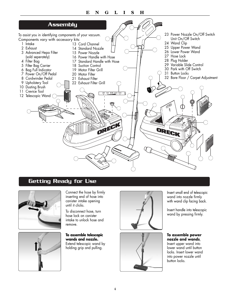 Ssembly, Etting, Eady for | Oreck DUTCHTECH DTX 1300 User Manual | Page 4 / 19