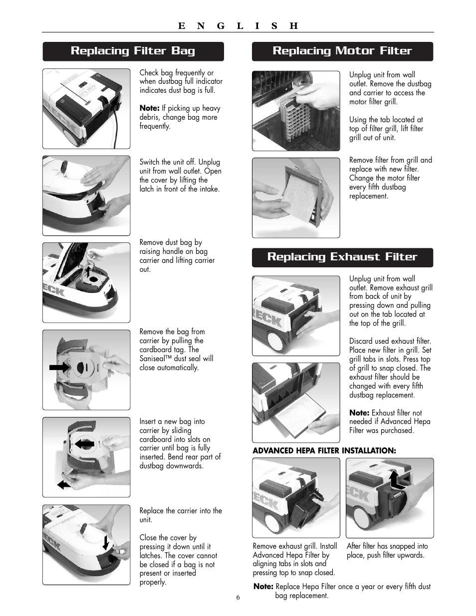 Motor f, Eplacing, Ilter | Xhaust | Oreck DUTCHTECH DTX 1300 User Manual | Page 6 / 19