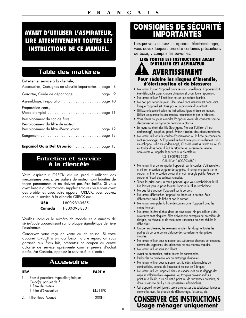Avertissement, Ccessoires, Ntretien et service à la clientèle | Usage ménager uniquement | Oreck DUTCHTECH DTX 1300 User Manual | Page 8 / 19