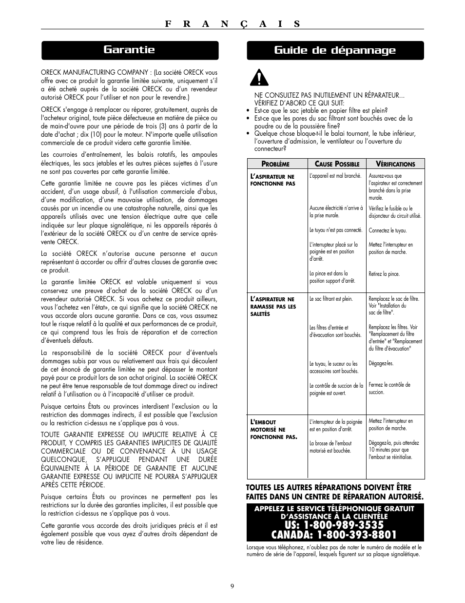 Arantie, Uide de dépannage | Oreck DUTCHTECH DTX 1300 User Manual | Page 9 / 19