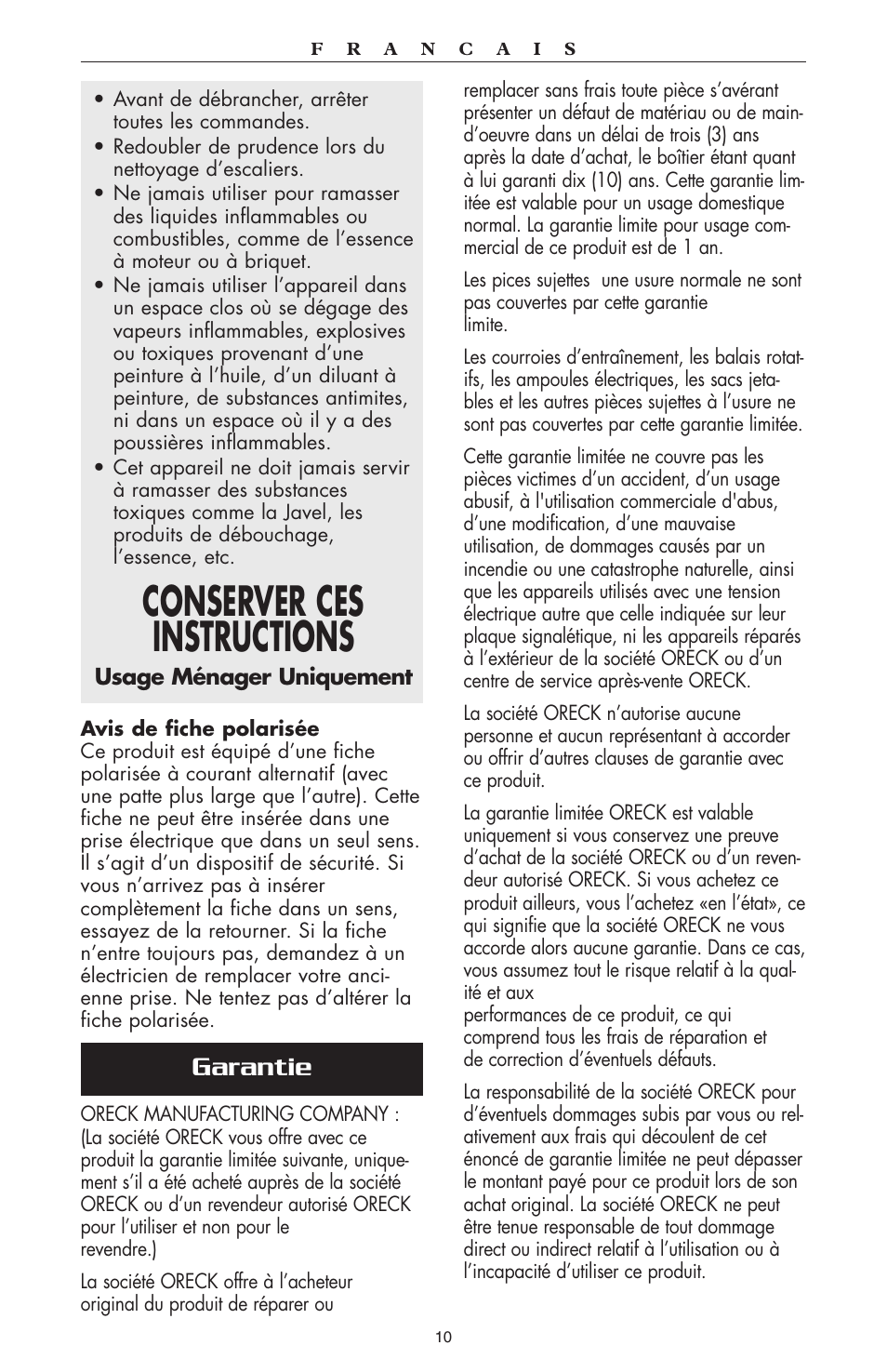 Conserver ces instructions, Garantie | Oreck compact canister Vaccum User Manual | Page 11 / 24