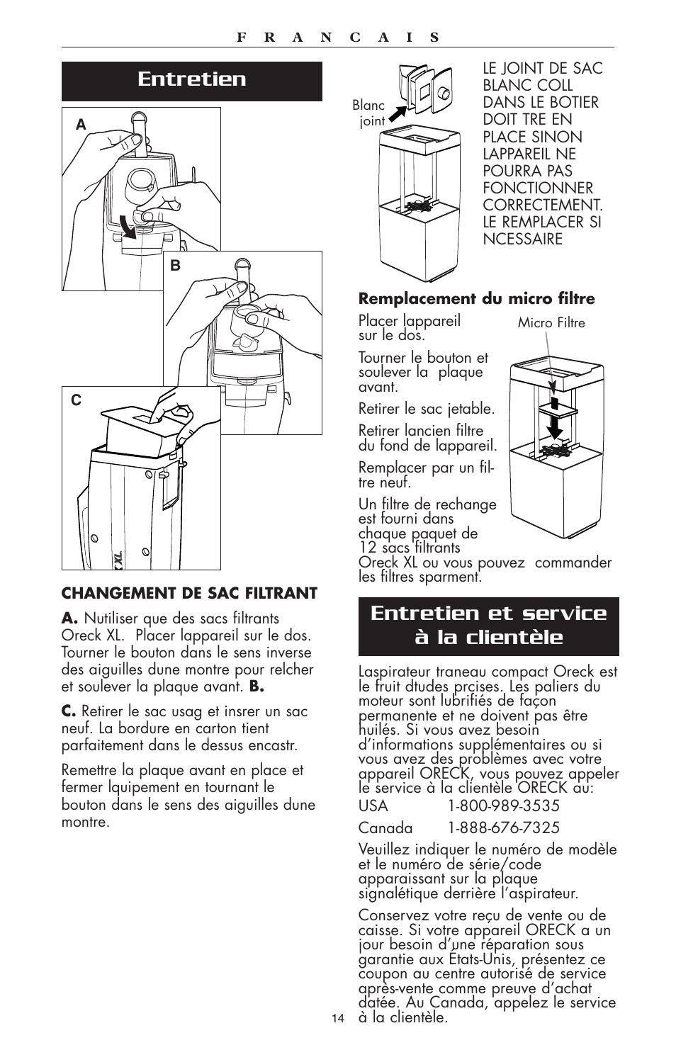 Entretien et service à la clientèle, Entretien | Oreck compact canister Vaccum User Manual | Page 15 / 24