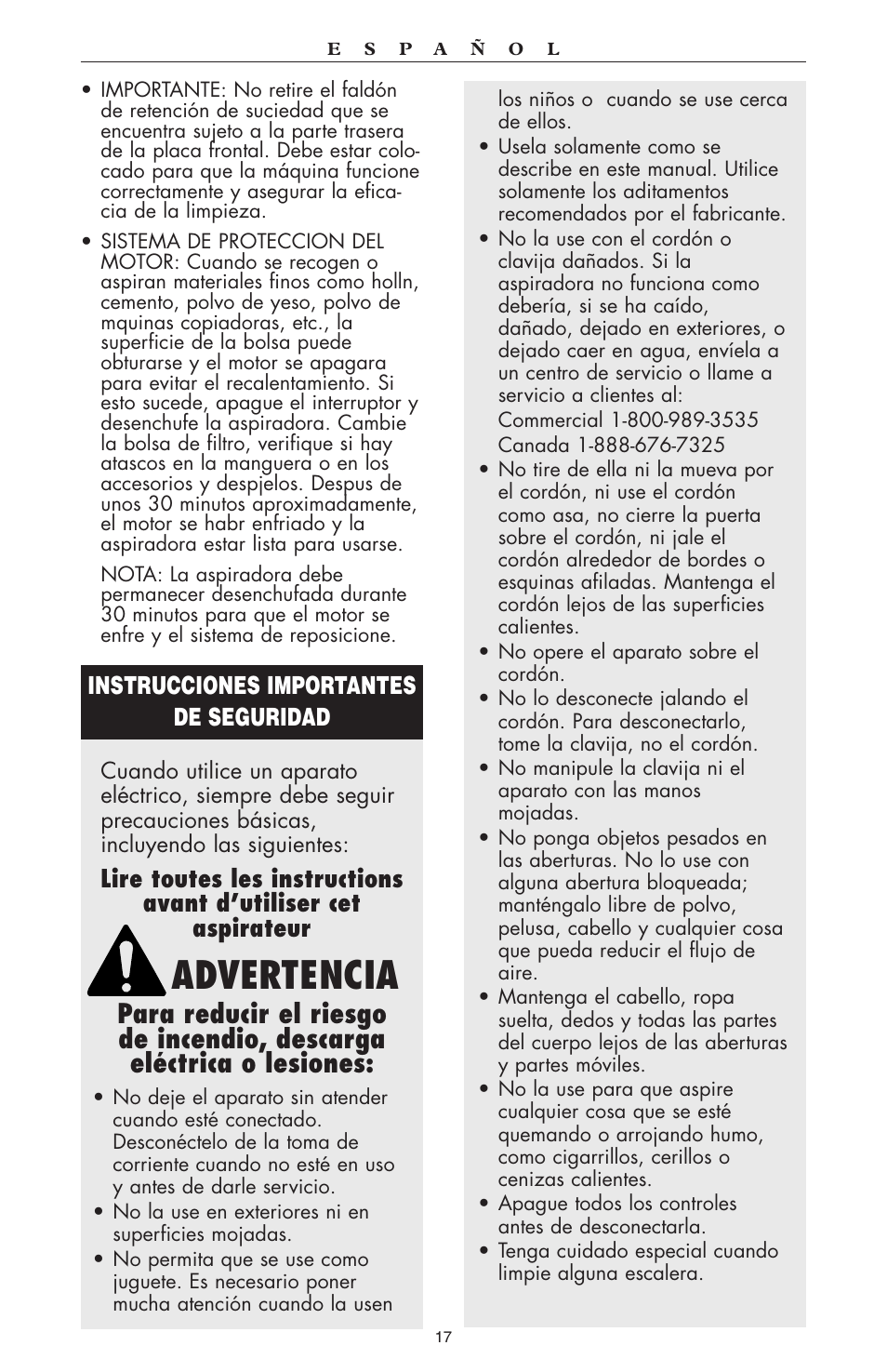 Advertencia, Instrucciones importantes de seguridad | Oreck compact canister Vaccum User Manual | Page 18 / 24