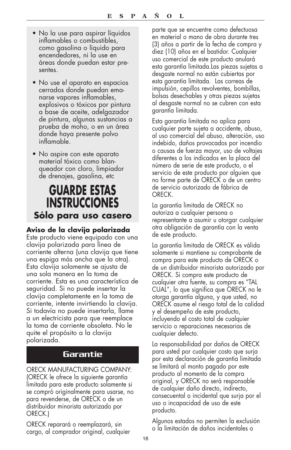 Guarde estas instrucciones, Garantie, Sólo para uso casero | Oreck compact canister Vaccum User Manual | Page 19 / 24