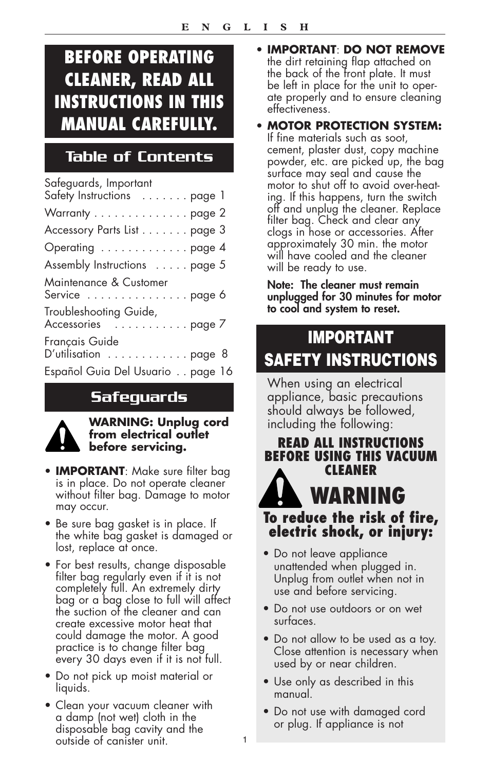 Warning, Important safety instructions, Table of contents safeguards | Oreck compact canister Vaccum User Manual | Page 2 / 24