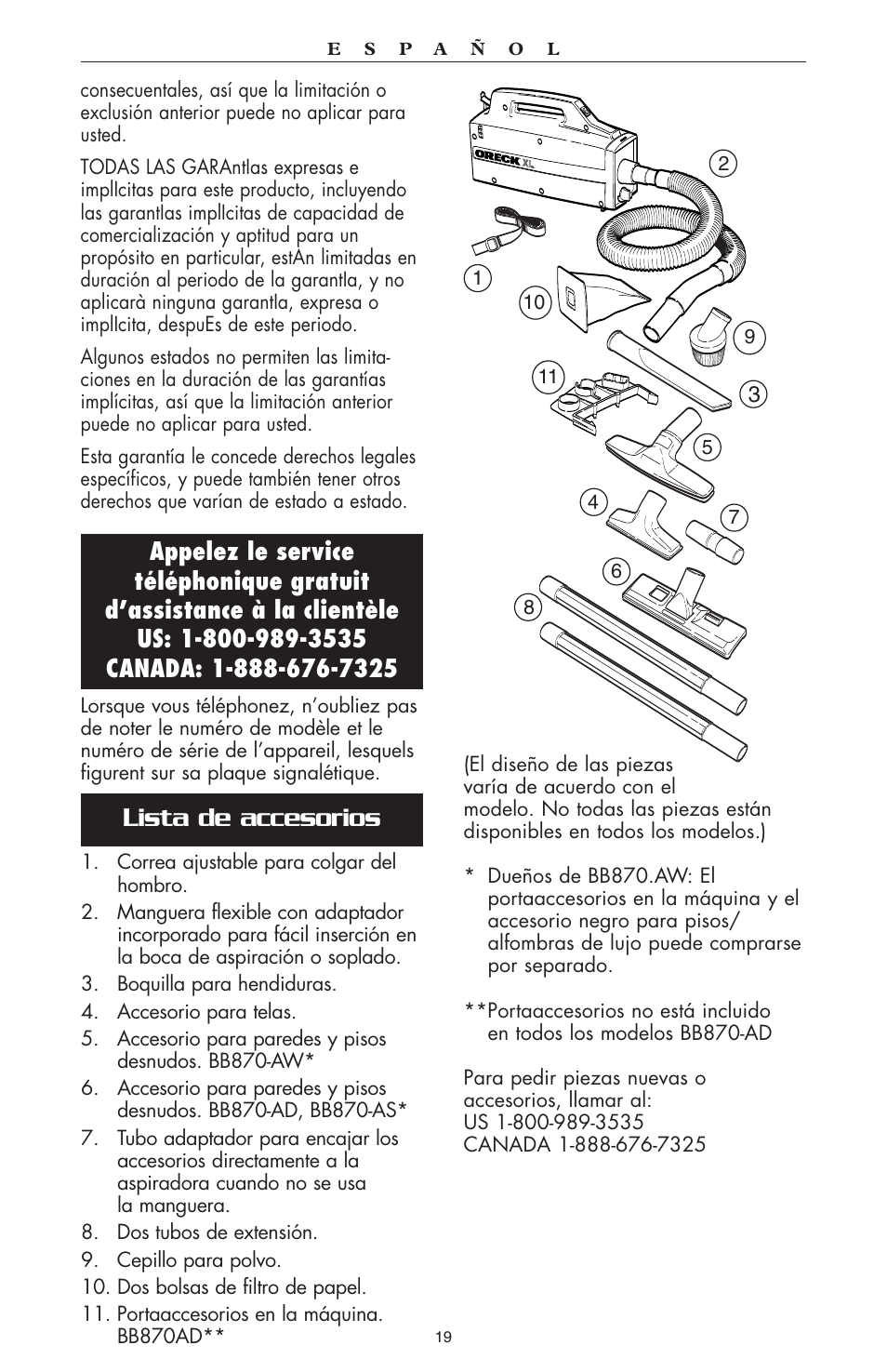 Lista de accesorios | Oreck compact canister Vaccum User Manual | Page 20 / 24