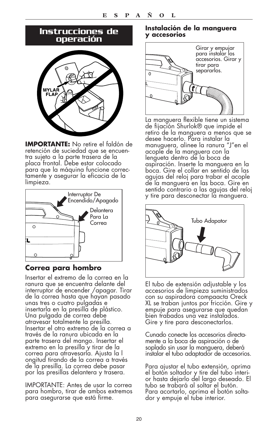 Instrucciones de operación, Correa para hombro | Oreck compact canister Vaccum User Manual | Page 21 / 24
