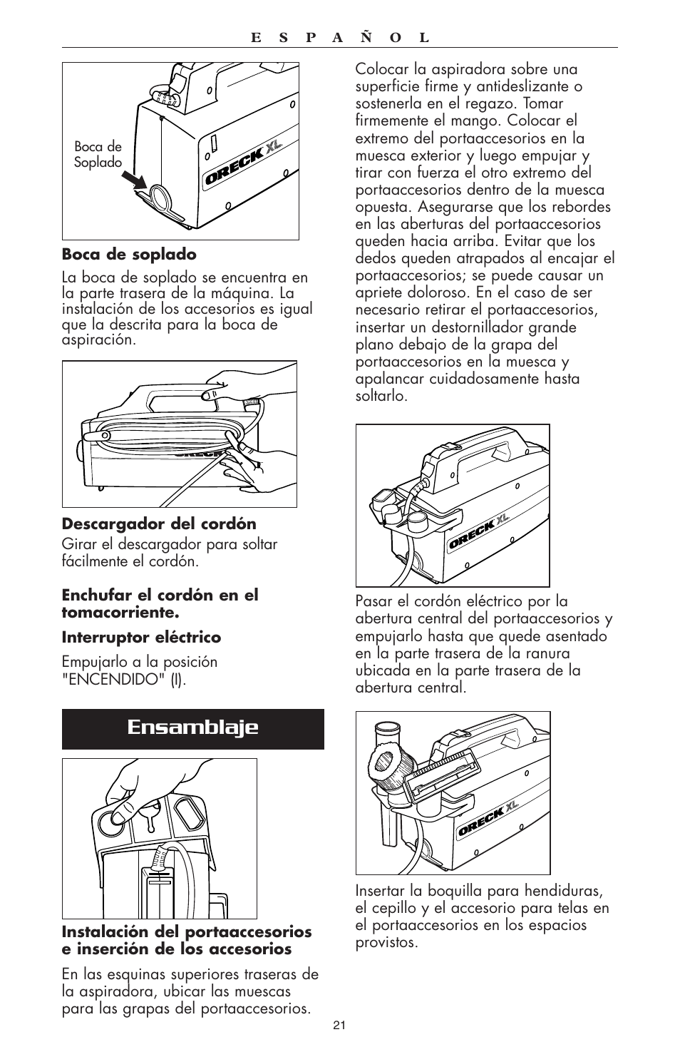 Ensamblaje | Oreck compact canister Vaccum User Manual | Page 22 / 24