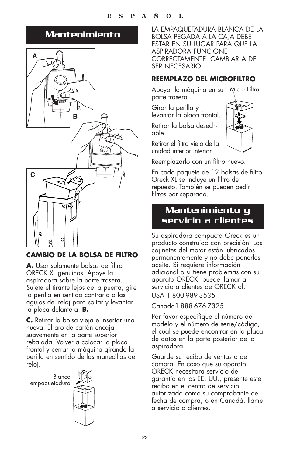 Mantenimiento, Mantenimiento y servicio a clientes | Oreck compact canister Vaccum User Manual | Page 23 / 24