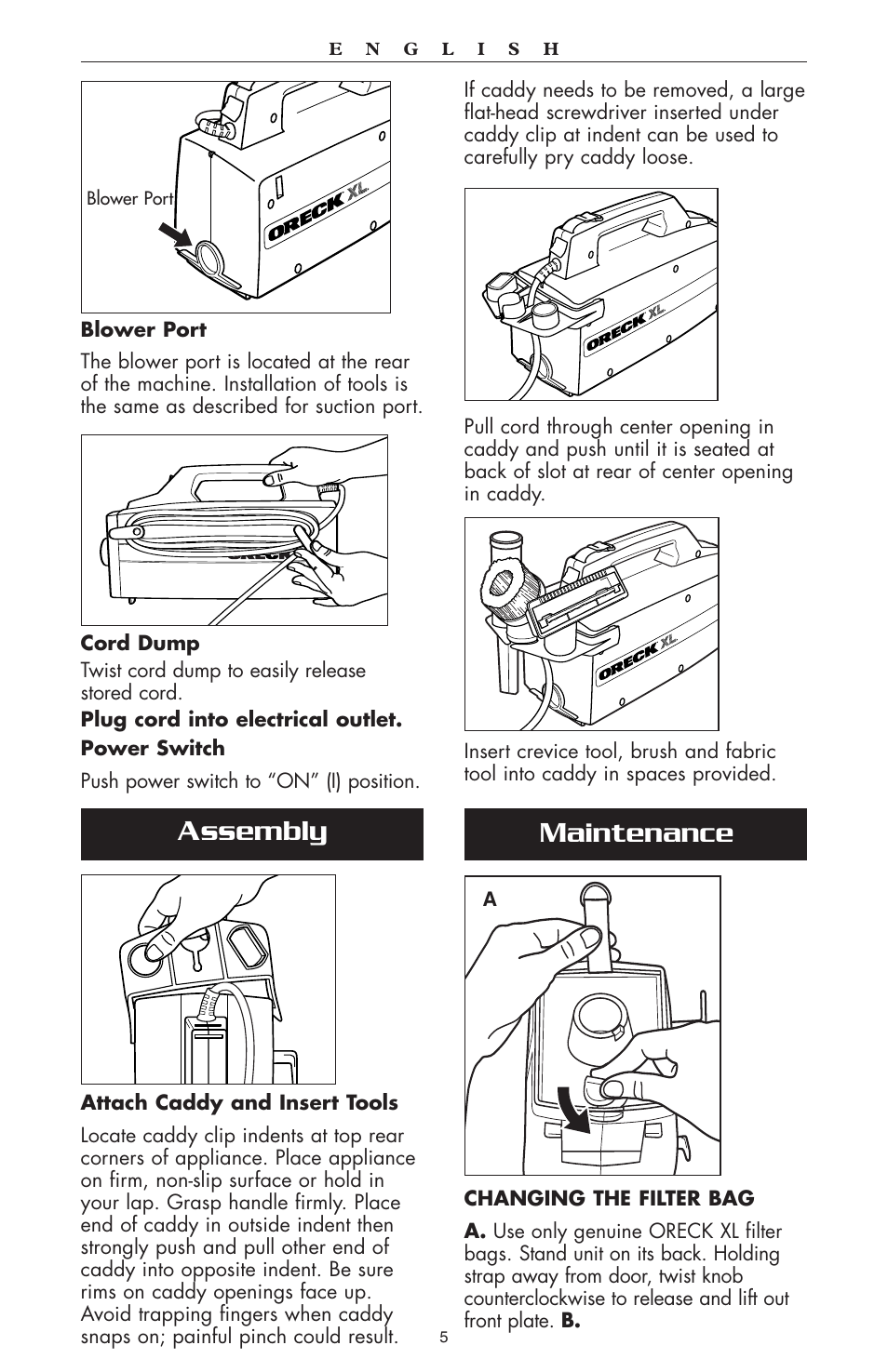 Assembly, Maintenance | Oreck compact canister Vaccum User Manual | Page 6 / 24