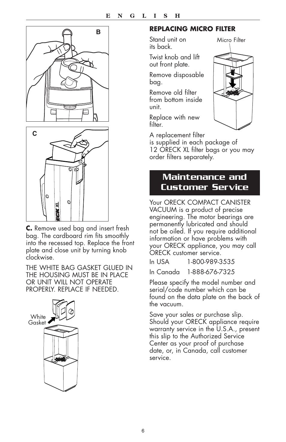 Maintenance and customer service | Oreck compact canister Vaccum User Manual | Page 7 / 24