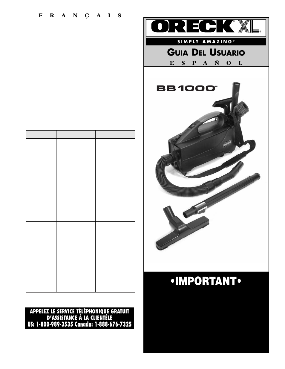 Important, Aspiradoras compactas, Suario | Guarde este folleto | Oreck XL BB1000 User Manual | Page 10 / 15