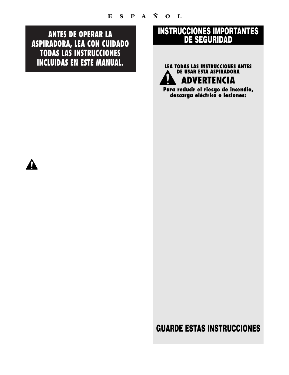 Instrucciones importantes de seguridad, Guarde estas instrucciones, Advertencia | Indice, Información de seguridad | Oreck XL BB1000 User Manual | Page 11 / 15