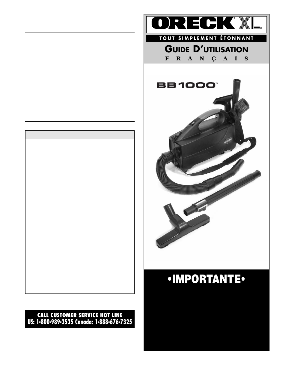 Importante, Noir avec des roues, Conservez ce fascicule | Uide, Utilisation, Maintenance and customer service, Troubleshooting guide | Oreck XL BB1000 User Manual | Page 6 / 15