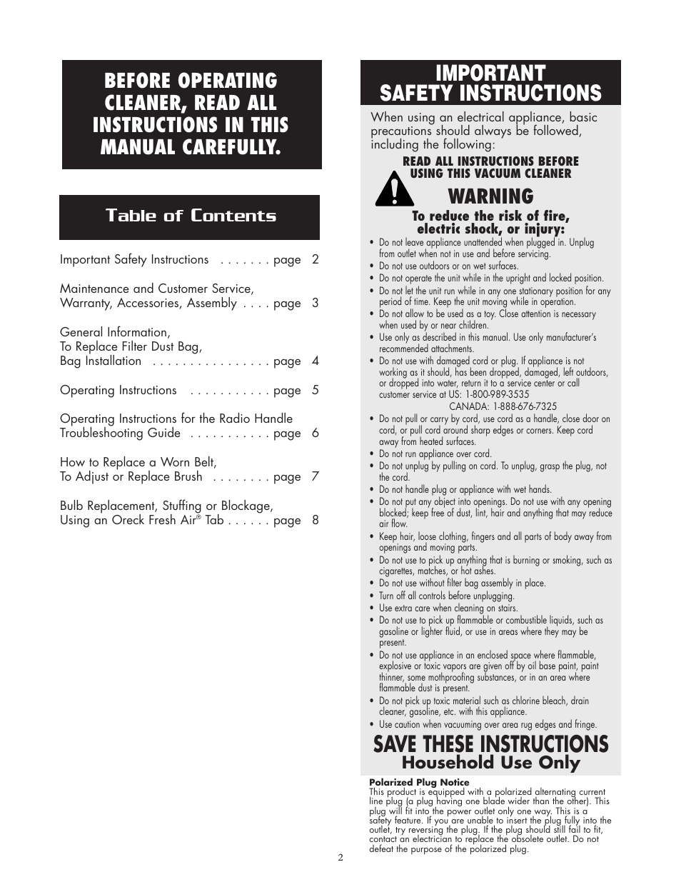 Important safety instructions, Save these instructions, Warning | Able of, Ontents, Household use only | Oreck XL2800HAY User Manual | Page 2 / 8