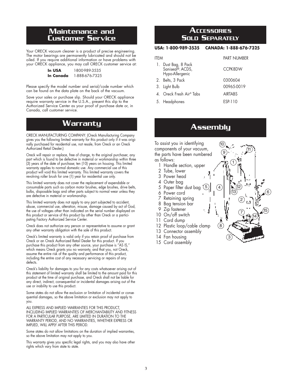 Ssembly, Arranty, Aintenance and | Ustomer, Ervice | Oreck XL2800HAY User Manual | Page 3 / 8