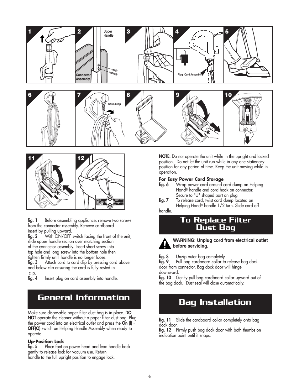 General information t, Bag installation, Eplace | Ilter | Oreck XL2800HAY User Manual | Page 4 / 8