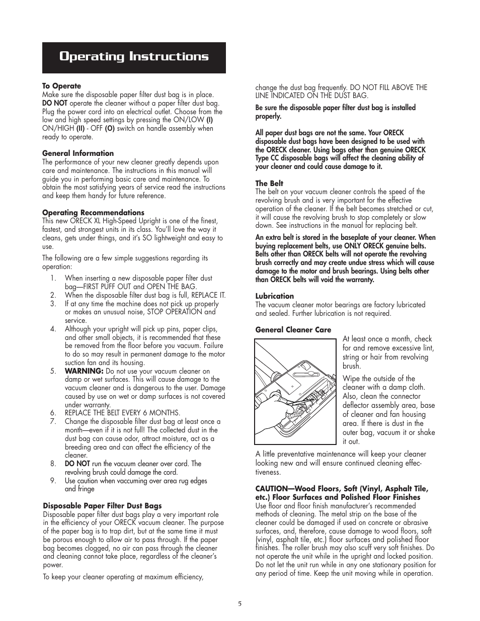 Perating, Nstructions | Oreck XL2800HAY User Manual | Page 5 / 8