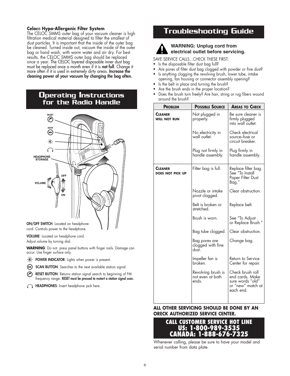 Roubleshooting, Uide, Perating | Nstructions for the radio handle | Oreck XL2800HAY User Manual | Page 6 / 8