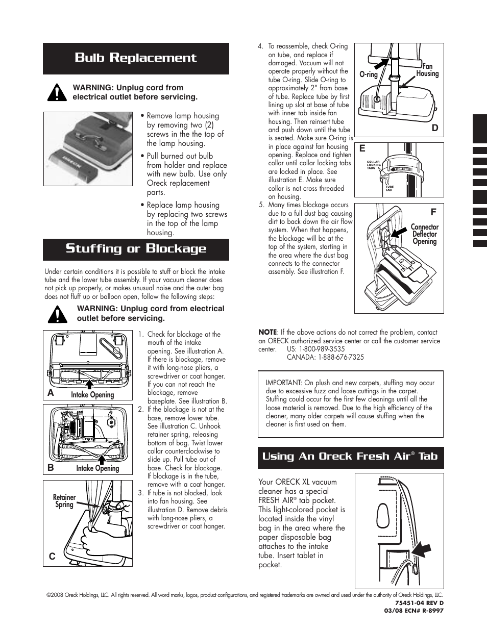 Eplacement, Tuffing or, Lockage | Using an oreck fresh air | Oreck XL2800HAY User Manual | Page 8 / 8