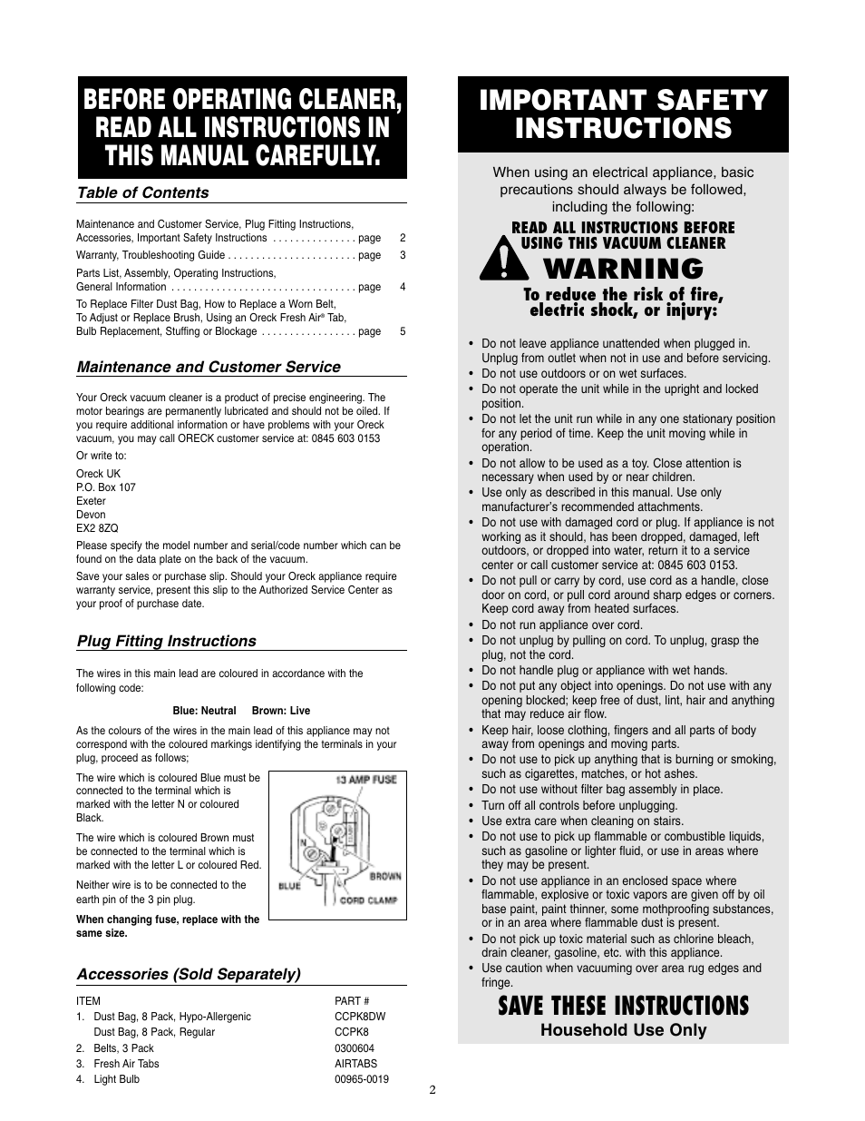 Important safety instructions, Warning, Save these instructions | Oreck XL5-105HH User Manual | Page 3 / 8
