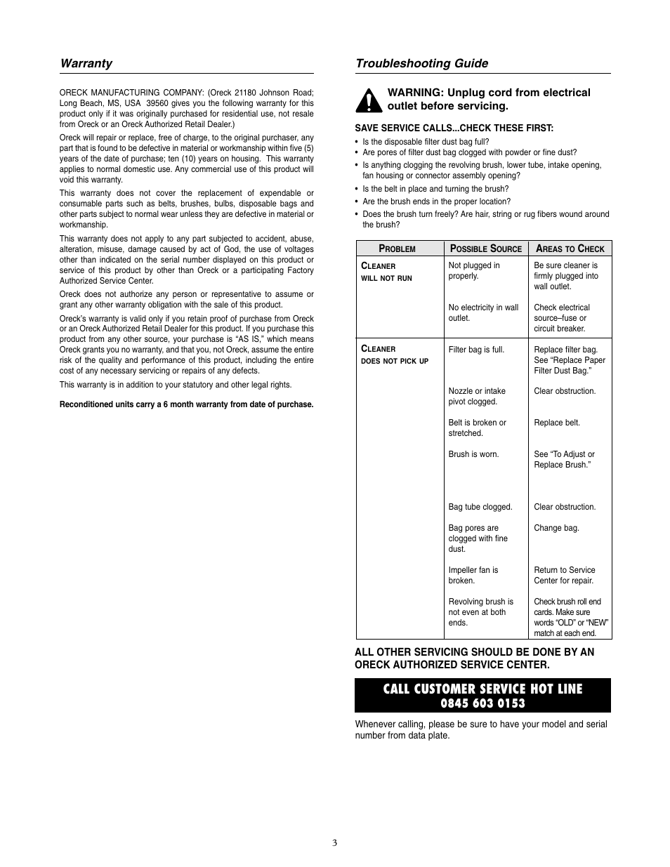 Call customer service hot line, Troubleshooting guide, Warranty | Oreck XL5-105HH User Manual | Page 4 / 8