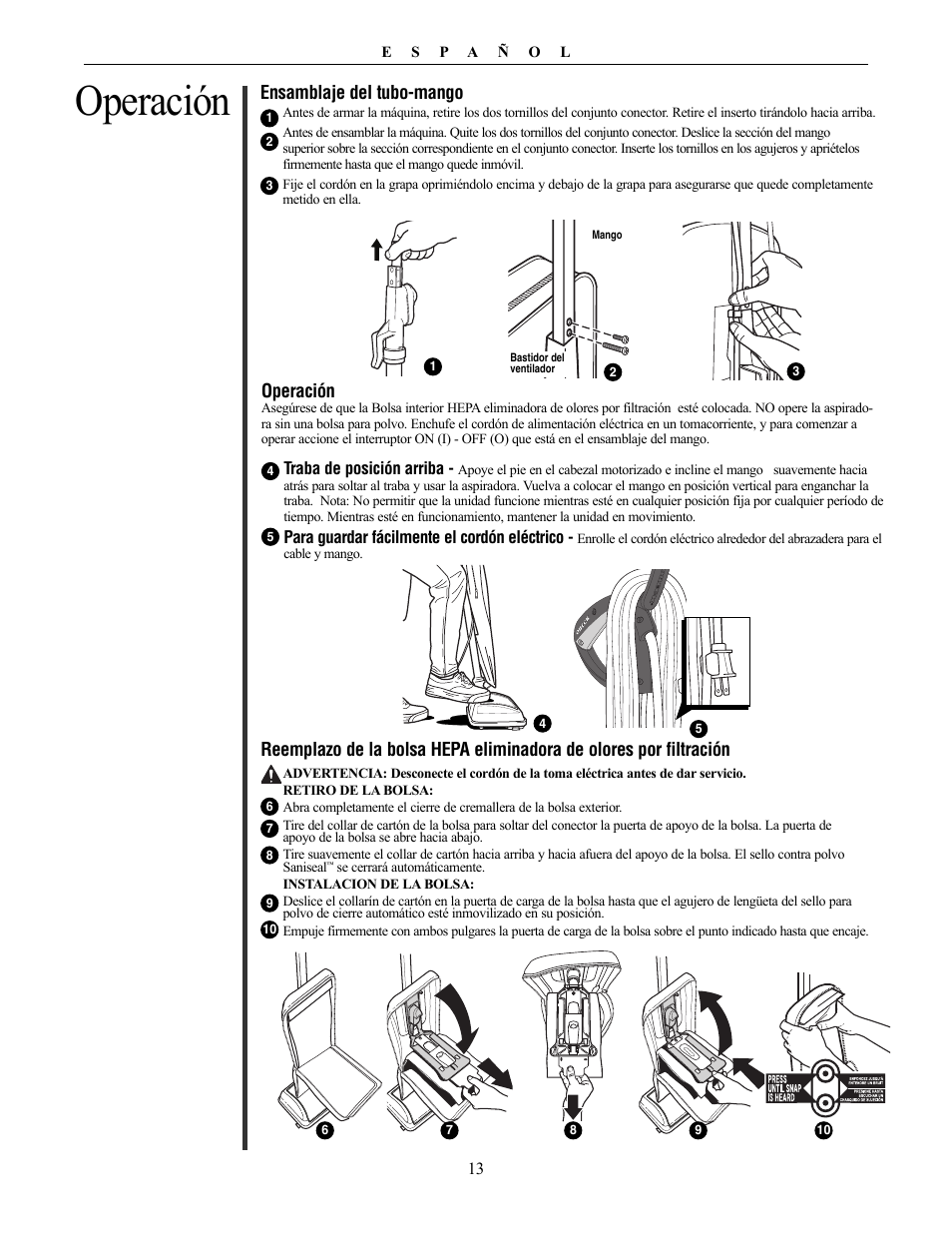 Ensamblaje del tubo-mango, Operación | Oreck Vaccum Cleaner David User Manual | Page 13 / 28