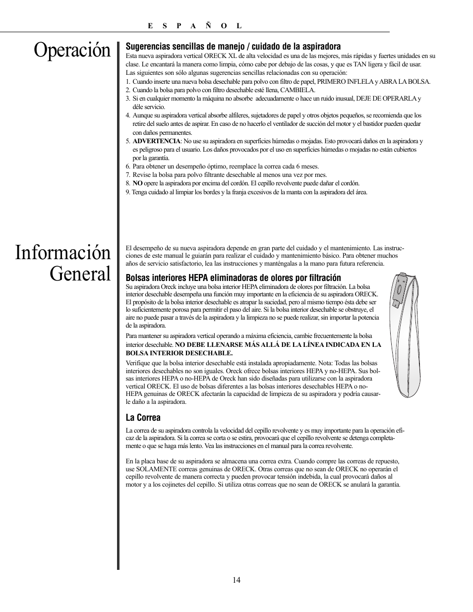 Información general, Operación | Oreck Vaccum Cleaner David User Manual | Page 14 / 28