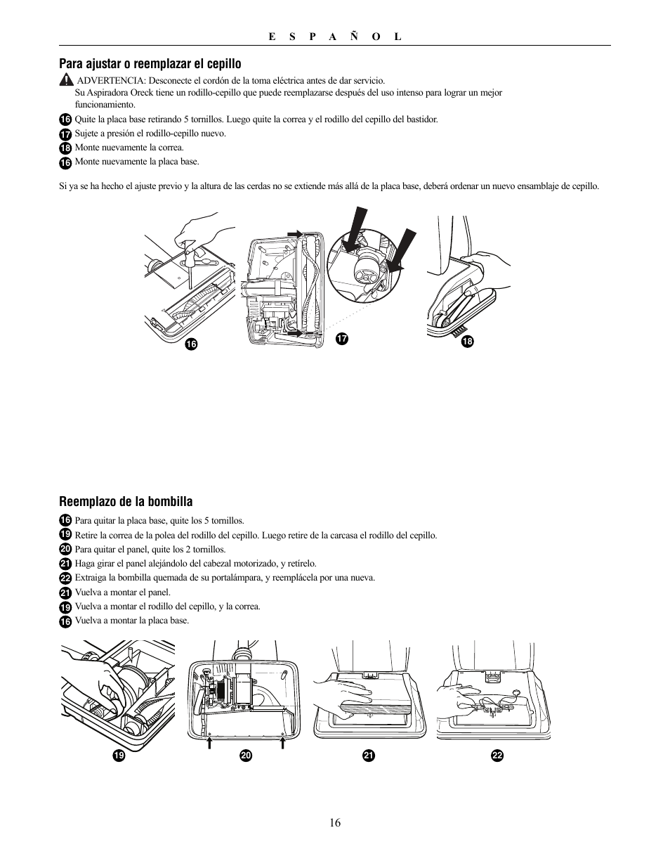 Reemplazo de la bombilla, Para ajustar o reemplazar el cepillo | Oreck Vaccum Cleaner David User Manual | Page 16 / 28