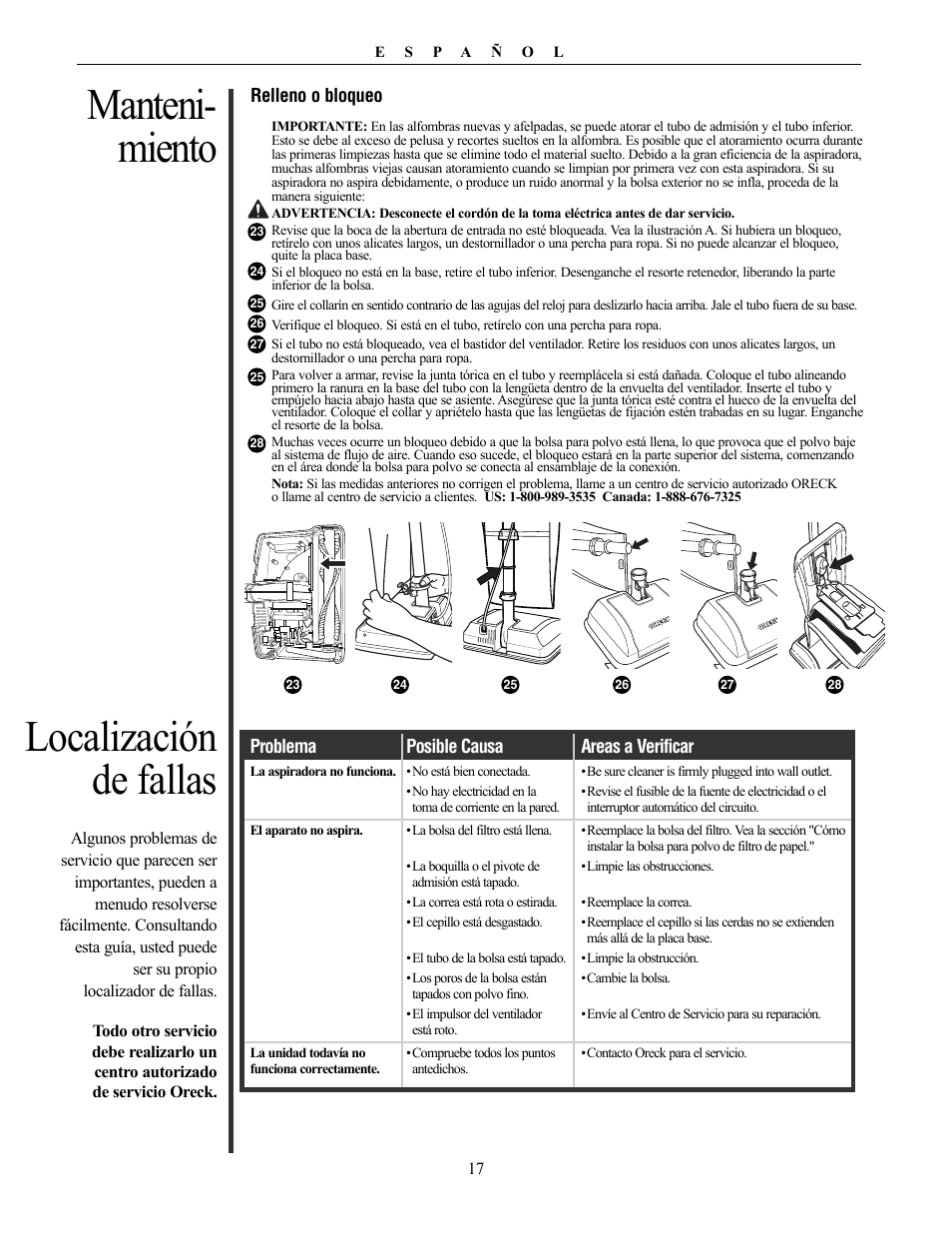 Manteni- miento localización de fallas | Oreck Vaccum Cleaner David User Manual | Page 17 / 28