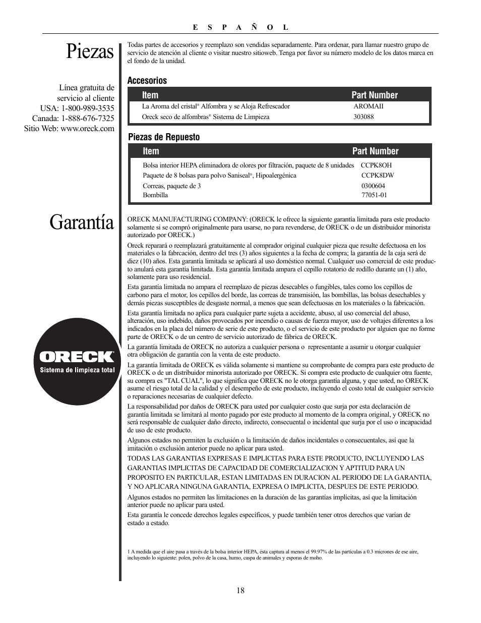 Piezas, Garantía | Oreck Vaccum Cleaner David User Manual | Page 18 / 28