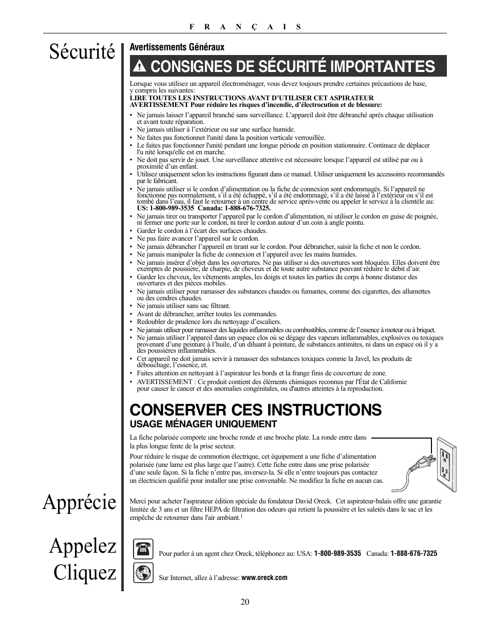 Sécurité, Apprécie appelez cliquez, Consignes de sécurité importantes | Conserver ces instructions | Oreck Vaccum Cleaner David User Manual | Page 20 / 28