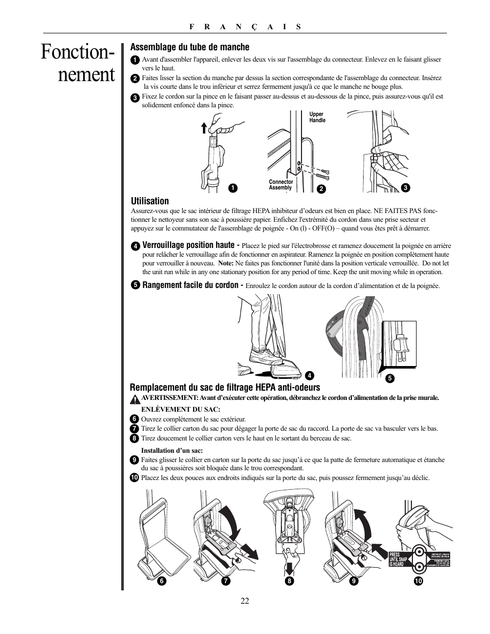 Fonction- nement | Oreck Vaccum Cleaner David User Manual | Page 22 / 28