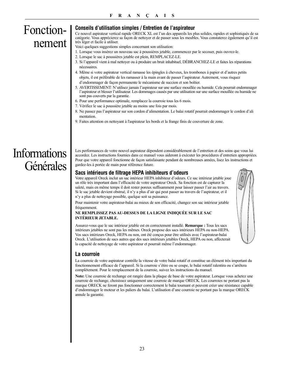 Informations générales, Fonction- nement | Oreck Vaccum Cleaner David User Manual | Page 23 / 28