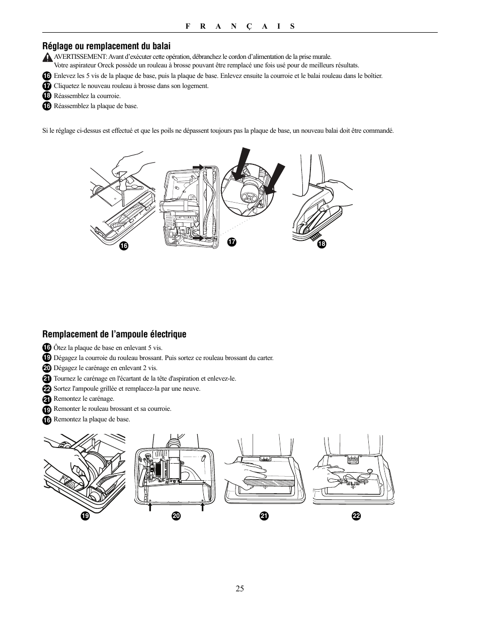 Réglage ou remplacement du balai, Remplacement de l’ampoule électrique | Oreck Vaccum Cleaner David User Manual | Page 25 / 28