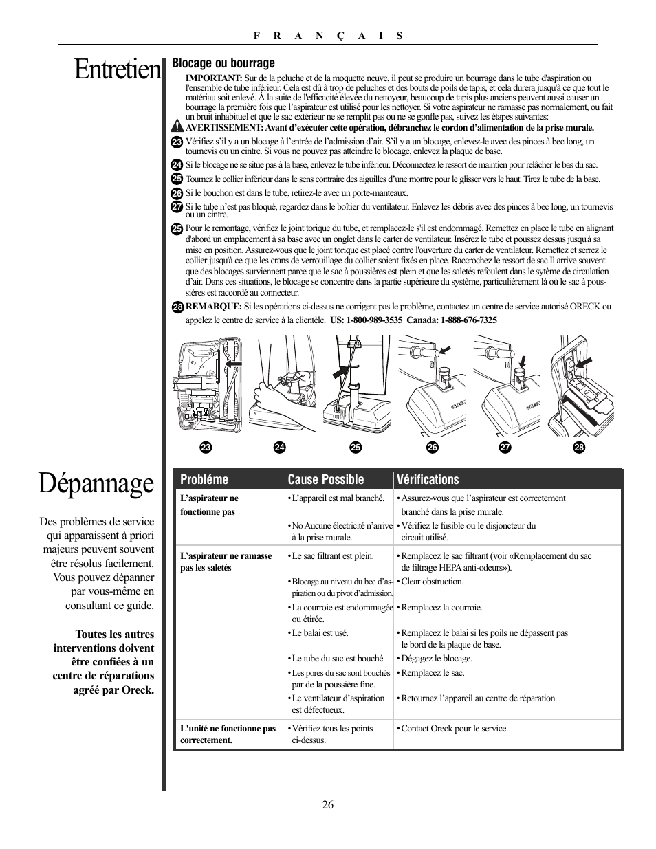 Entretien dépannage | Oreck Vaccum Cleaner David User Manual | Page 26 / 28