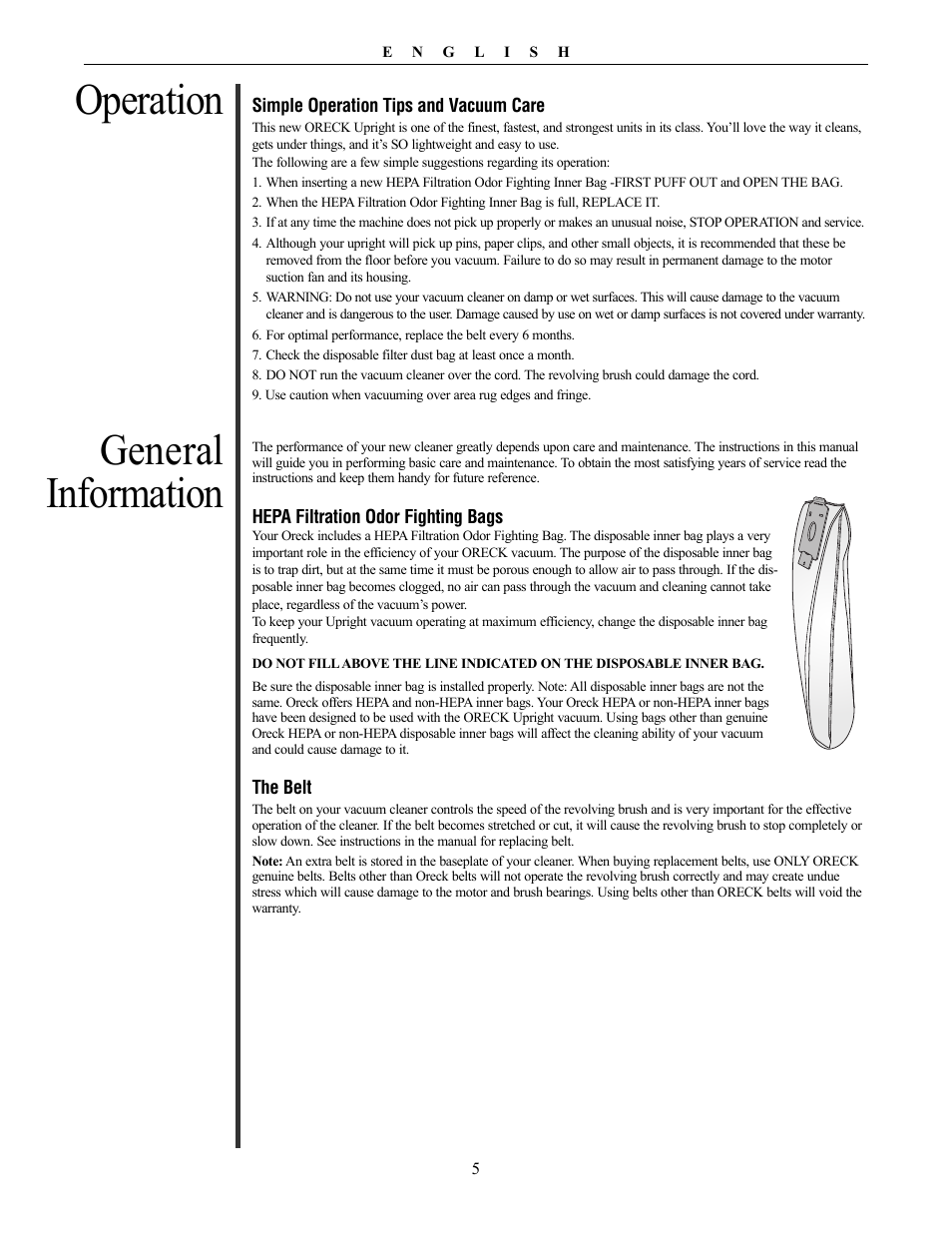 General information, Operation | Oreck Vaccum Cleaner David User Manual | Page 5 / 28