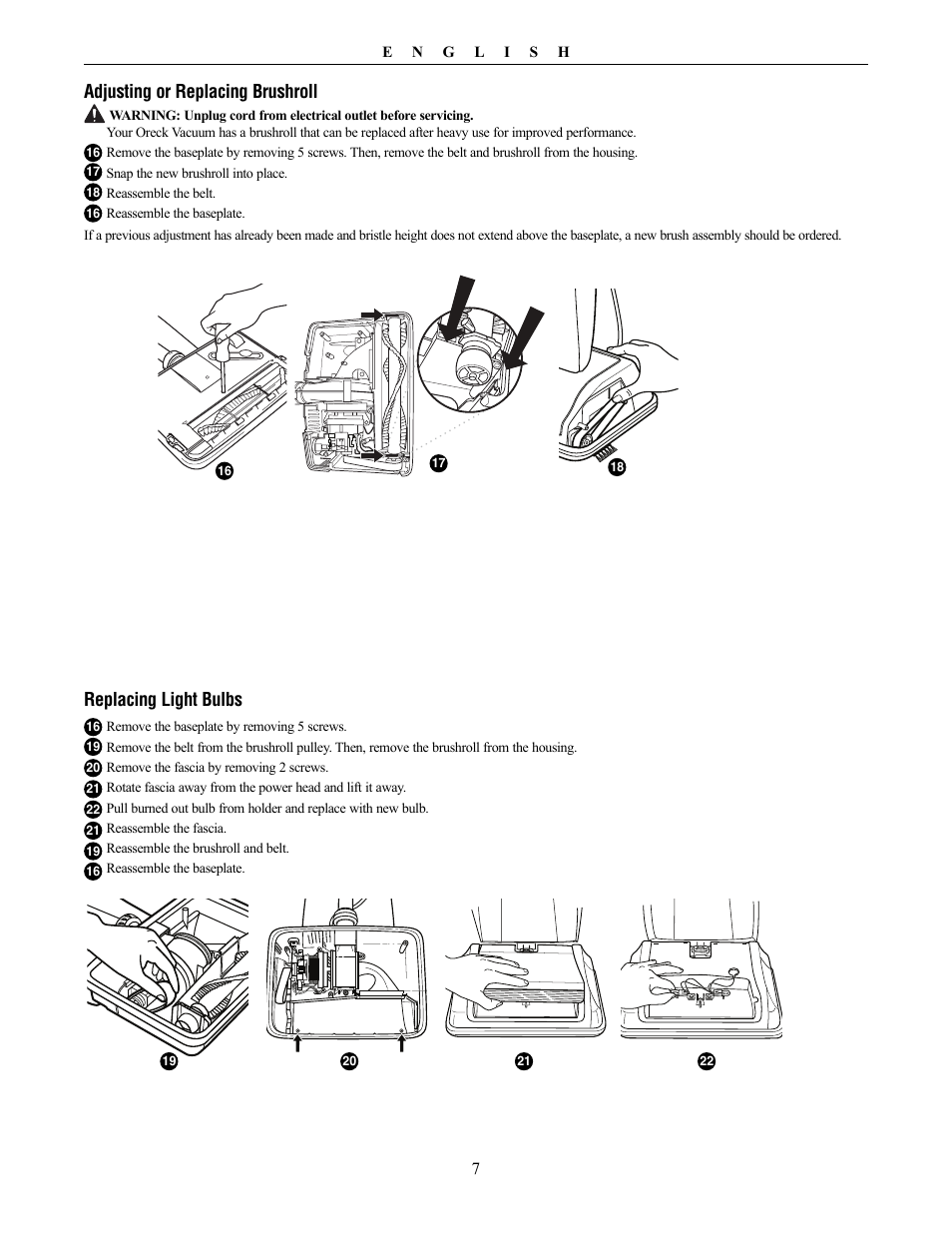 Replacing light bulbs, Adjusting or replacing brushroll | Oreck Vaccum Cleaner David User Manual | Page 7 / 28