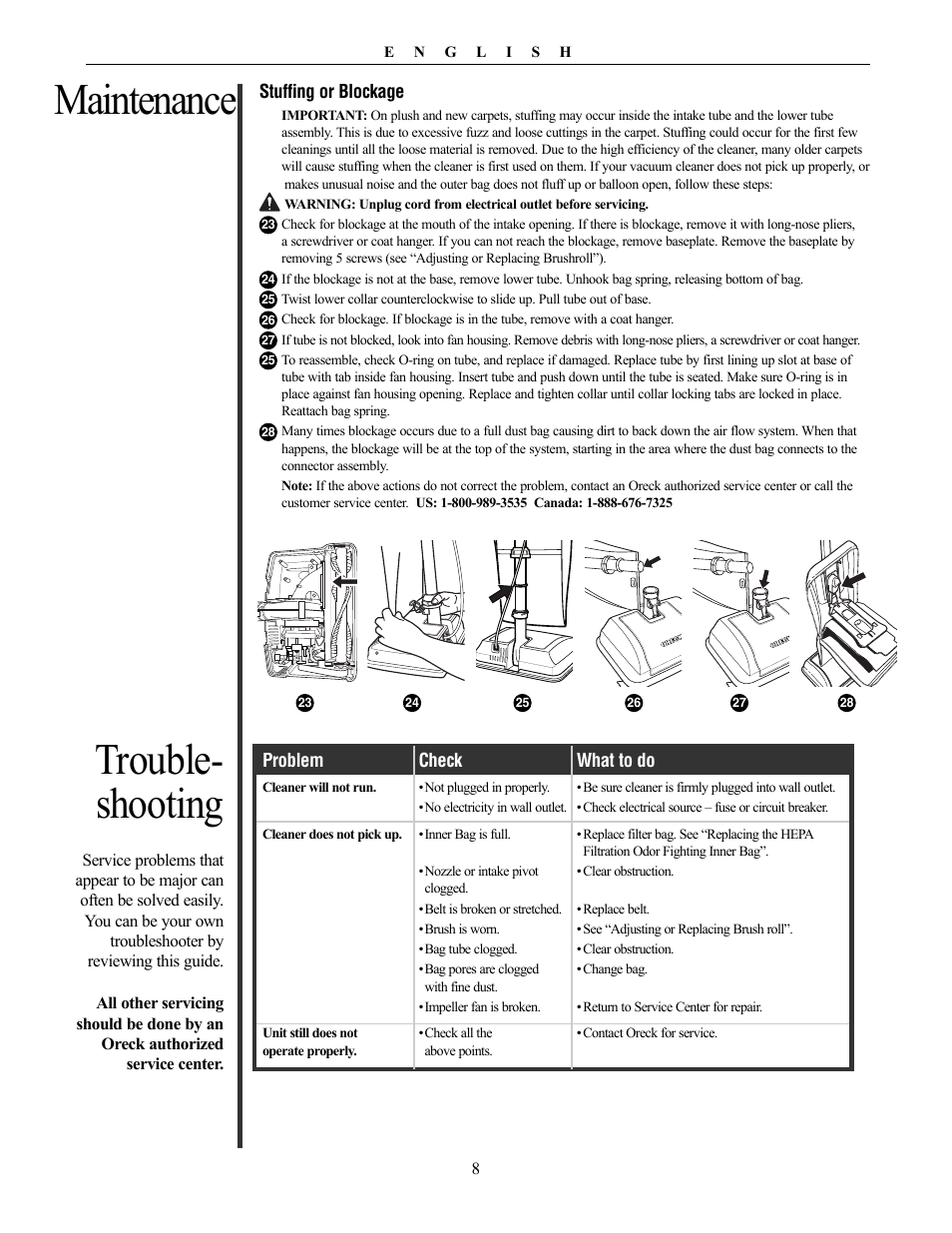 Maintenance, Trouble- shooting | Oreck Vaccum Cleaner David User Manual | Page 8 / 28