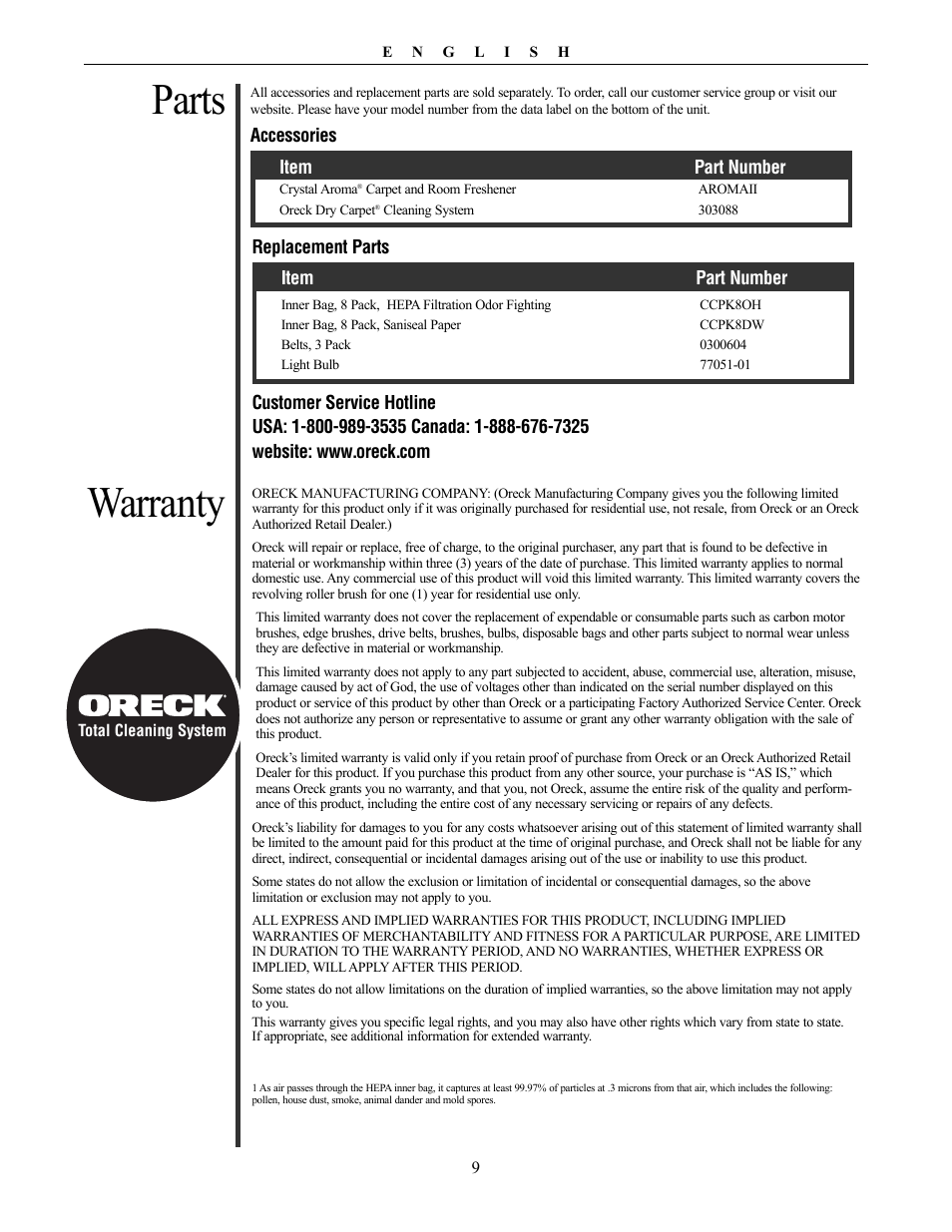 Parts warranty | Oreck Vaccum Cleaner David User Manual | Page 9 / 28