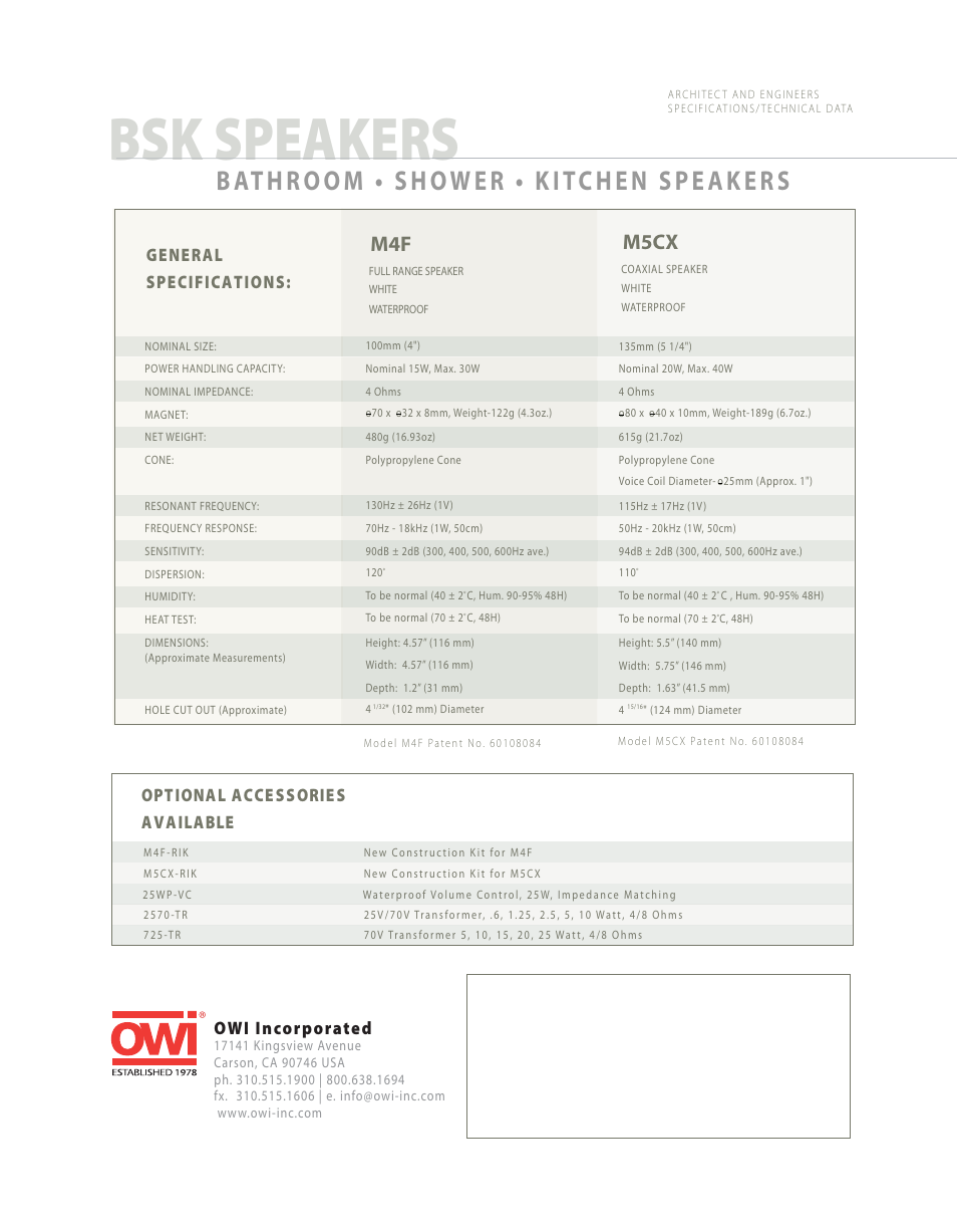 Bsk speakers, Bathroom • shower • kitchen speakers, M5cx | Owi incorporated, General specifications, Optional acce s s orie s available | OWI M4F User Manual | Page 2 / 2