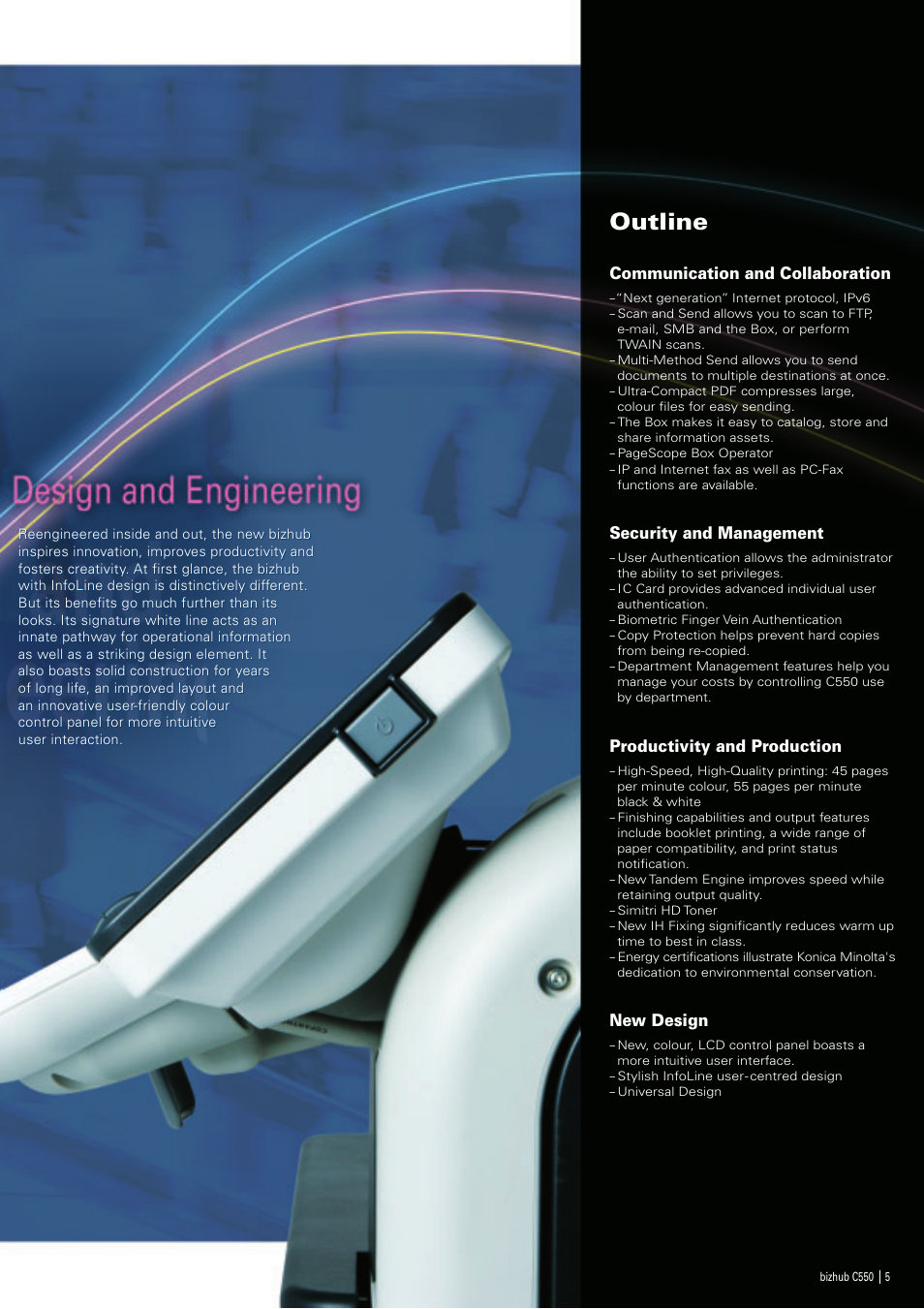 Outline, Communication and collaboration, Security and management | Productivity and production, New design | Oldsmobile bizhub Color Scanner C550 User Manual | Page 5 / 16