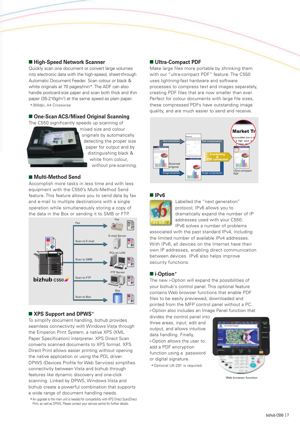 High-speed network scanner, One-scan acs/mixed original scanning, Multi-method send | Ultra-compact pdf, Ipv6, I-option, Xps support and dpws | Oldsmobile bizhub Color Scanner C550 User Manual | Page 7 / 16