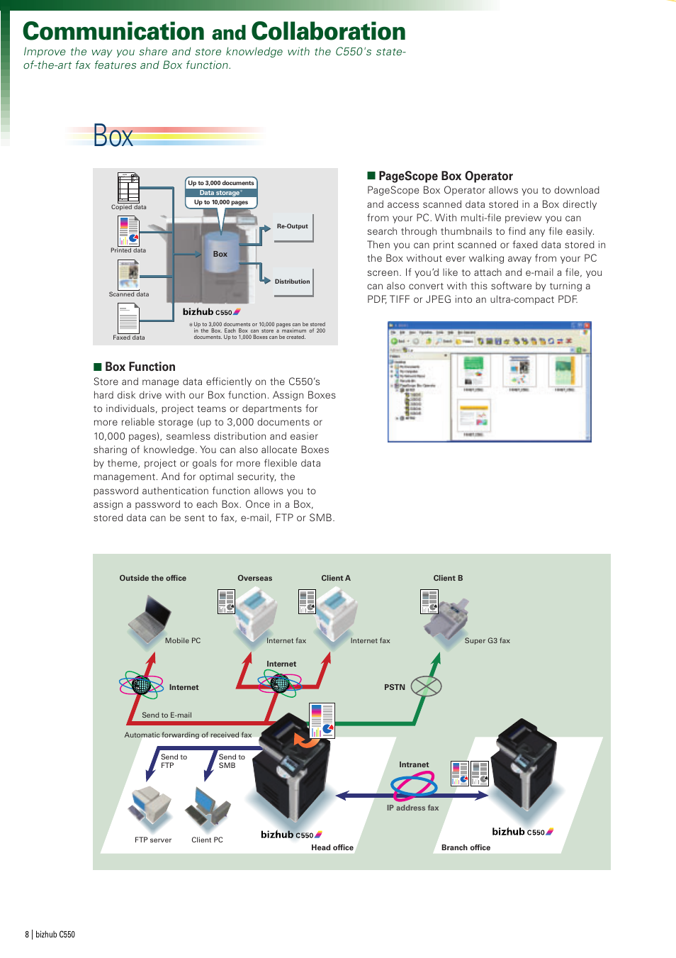 Communication, Collaboration, Pagescope box operator | Box function | Oldsmobile bizhub Color Scanner C550 User Manual | Page 8 / 16