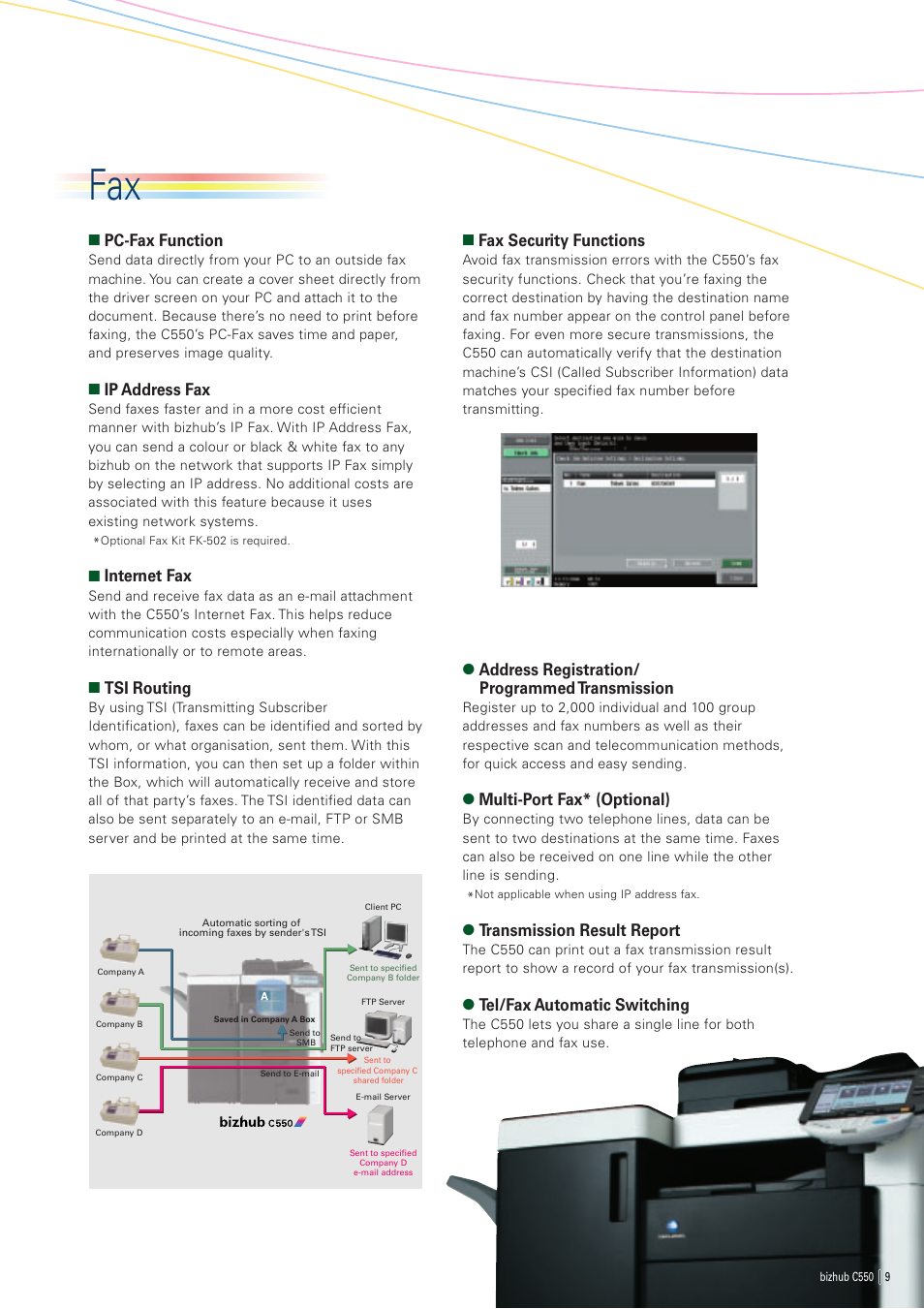 Pc-fax function, Ip address fax, Internet fax | Tsi routing, Fax security functions, Address registration/ programmed transmission, Multi-port fax, Optional), Transmission result report, Tel/fax automatic switching | Oldsmobile bizhub Color Scanner C550 User Manual | Page 9 / 16