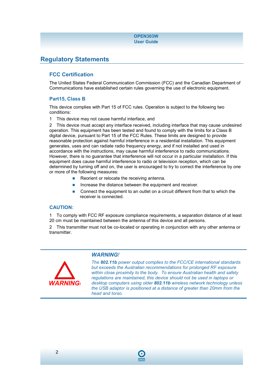 Regulatory statements, Warning | OpenBrain Wireless USB Adaptor 303W User Manual | Page 2 / 14